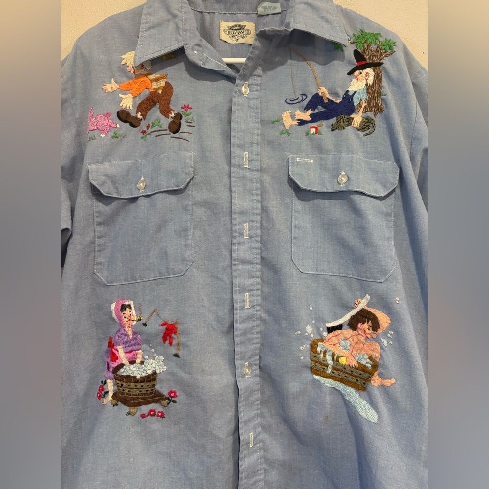 Vintage Fieldmaster Embroidered Chambray Shirt Folk Art Western Novelty